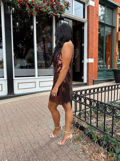 Savvy Brown Sequin Shift Mini Dress