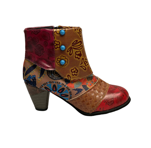 Women's Red Floral Button-Accent Ankle Boot - Devon Sport