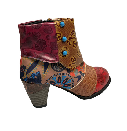 Women's Red Floral Button-Accent Ankle Boot - Devon Sport