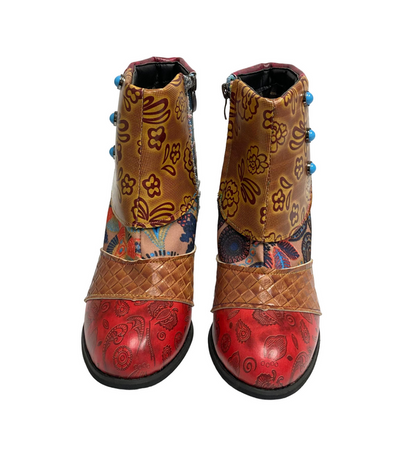 Women's Red Floral Button-Accent Ankle Boot - Devon Sport